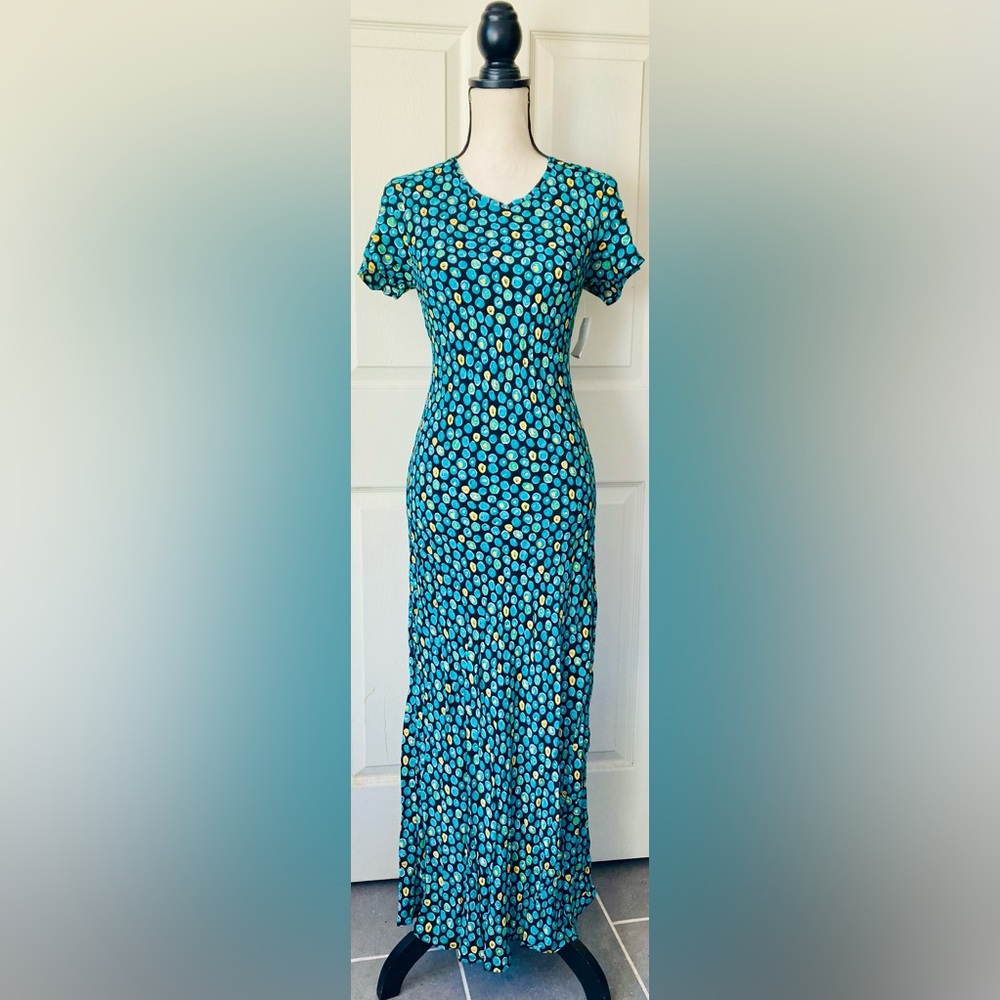 Geo Print Circles Full Maxi Dress: Blue/Green & Yellow/White, Short Sleeve,Sz. M